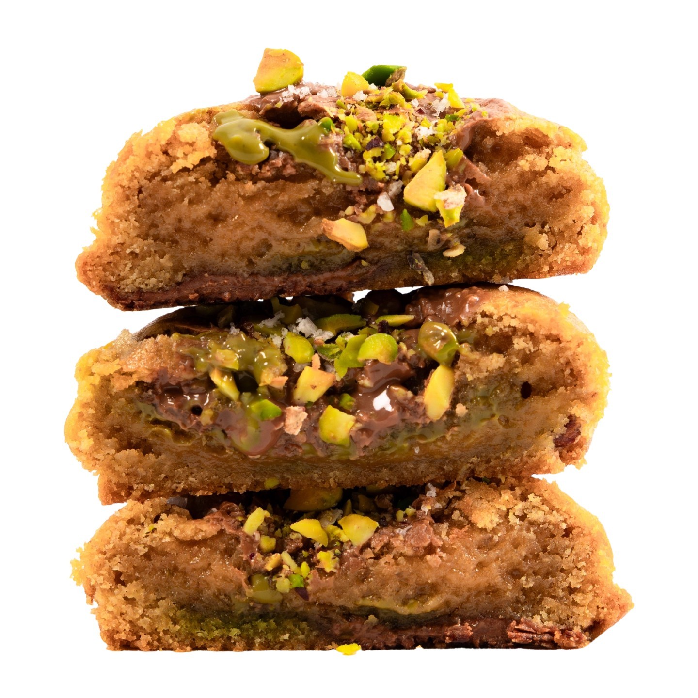 Base nature, pistache concassées, chocolat lait Valrhona, crème de pis